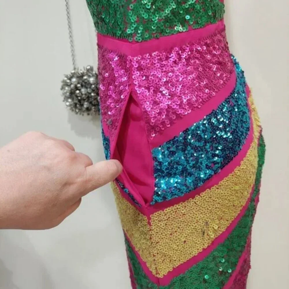 💋RETRO GLAM!💋 STUDIO 54 Halter Cut Out Wide-leg Jumpsuit in Stripe Sequin - Picture 12 of 15